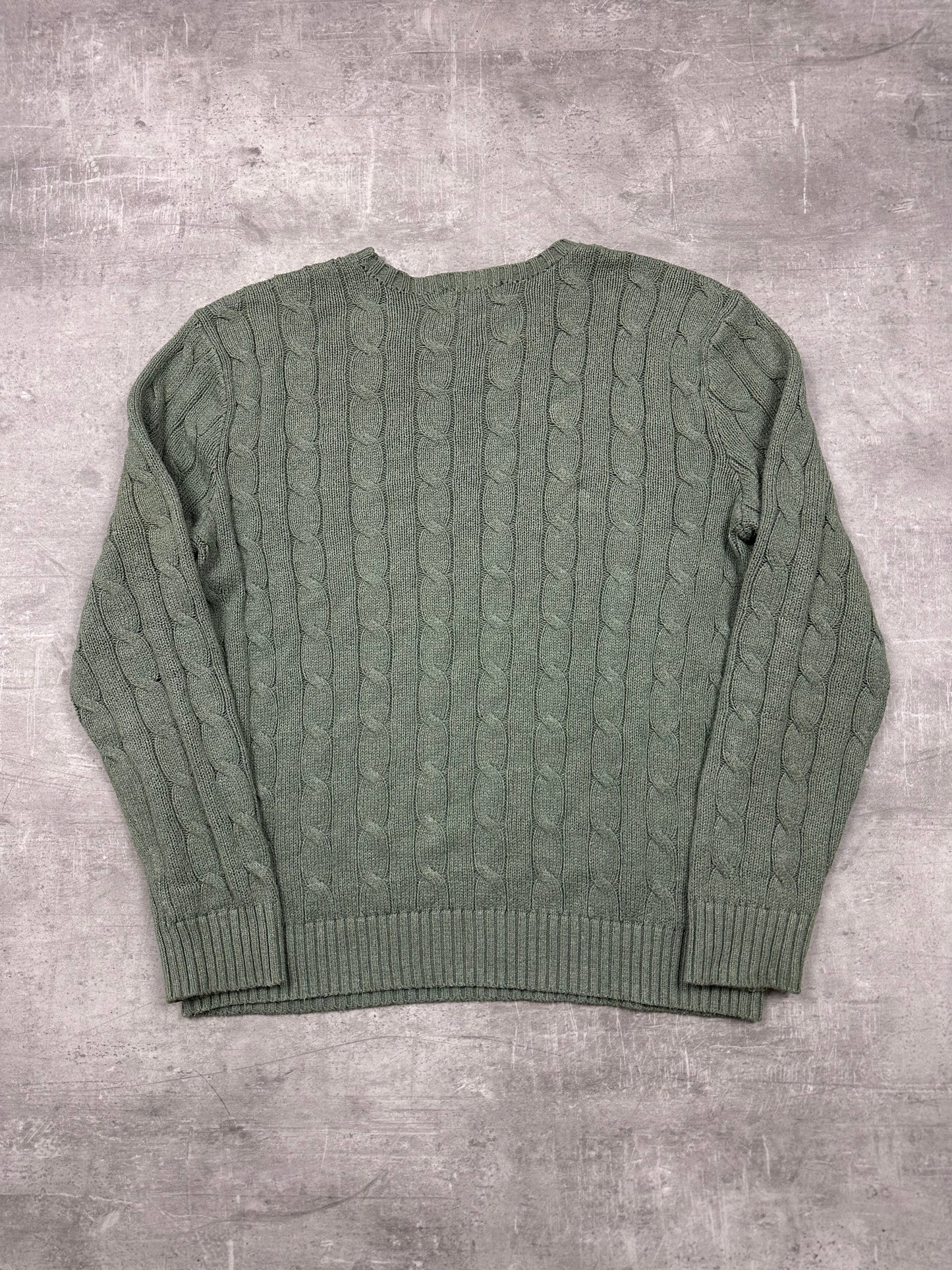 MOOS GREEN POLO RALPH LAUREN CABLE KNIT SWEATER - 2000s - S/M