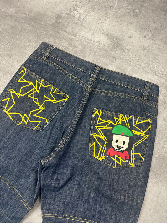 BLUE VINTAGE Y2K JAPANESE STYLE PRINT DENIM - S