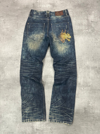 BLUE WASHED VINTAGE Y2K JAPANESE STYLE PRINT DENIM - 2000s - M/L