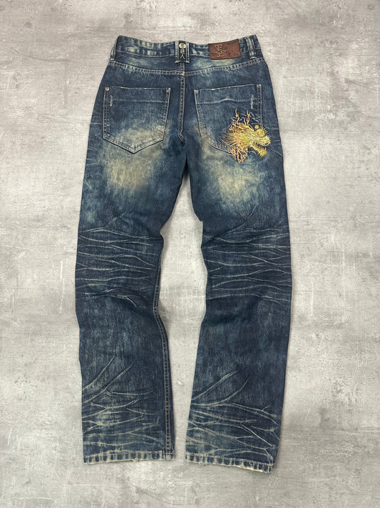 BLUE WASHED VINTAGE Y2K JAPANESE STYLE PRINT DENIM - 2000s - M/L