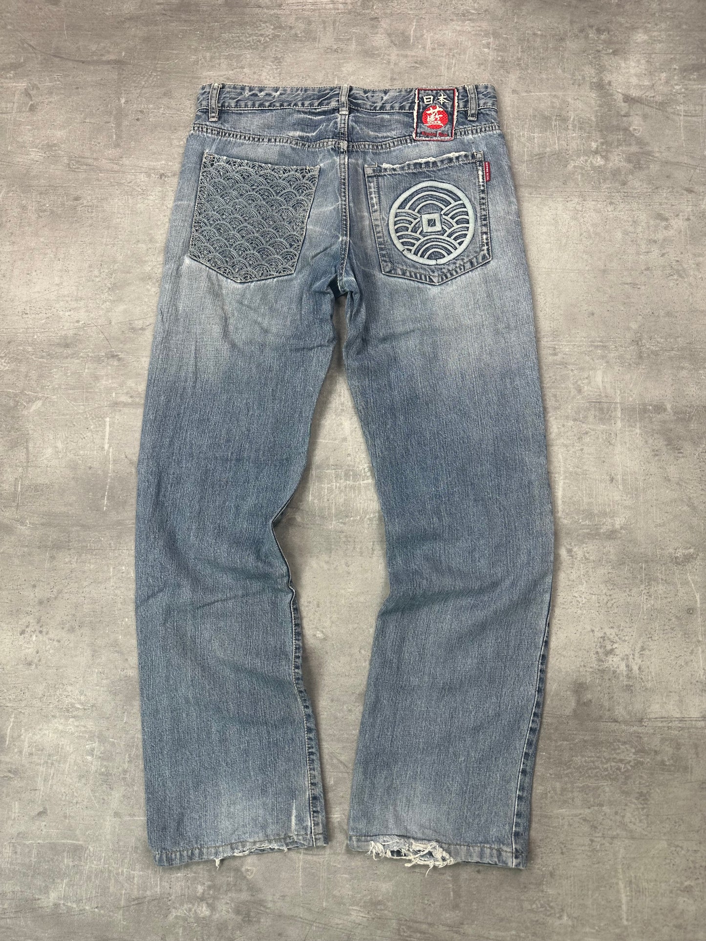 BLUE WASHED VINTAGE Y2K JAPANESE STYLE PRINT DENIM - 2000s - M/L