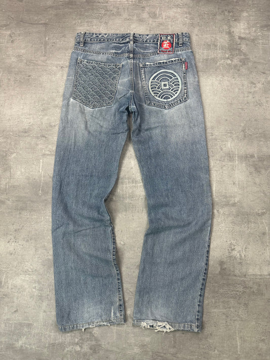 BLUE WASHED VINTAGE Y2K JAPANESE STYLE PRINT DENIM - 2000s - M/L