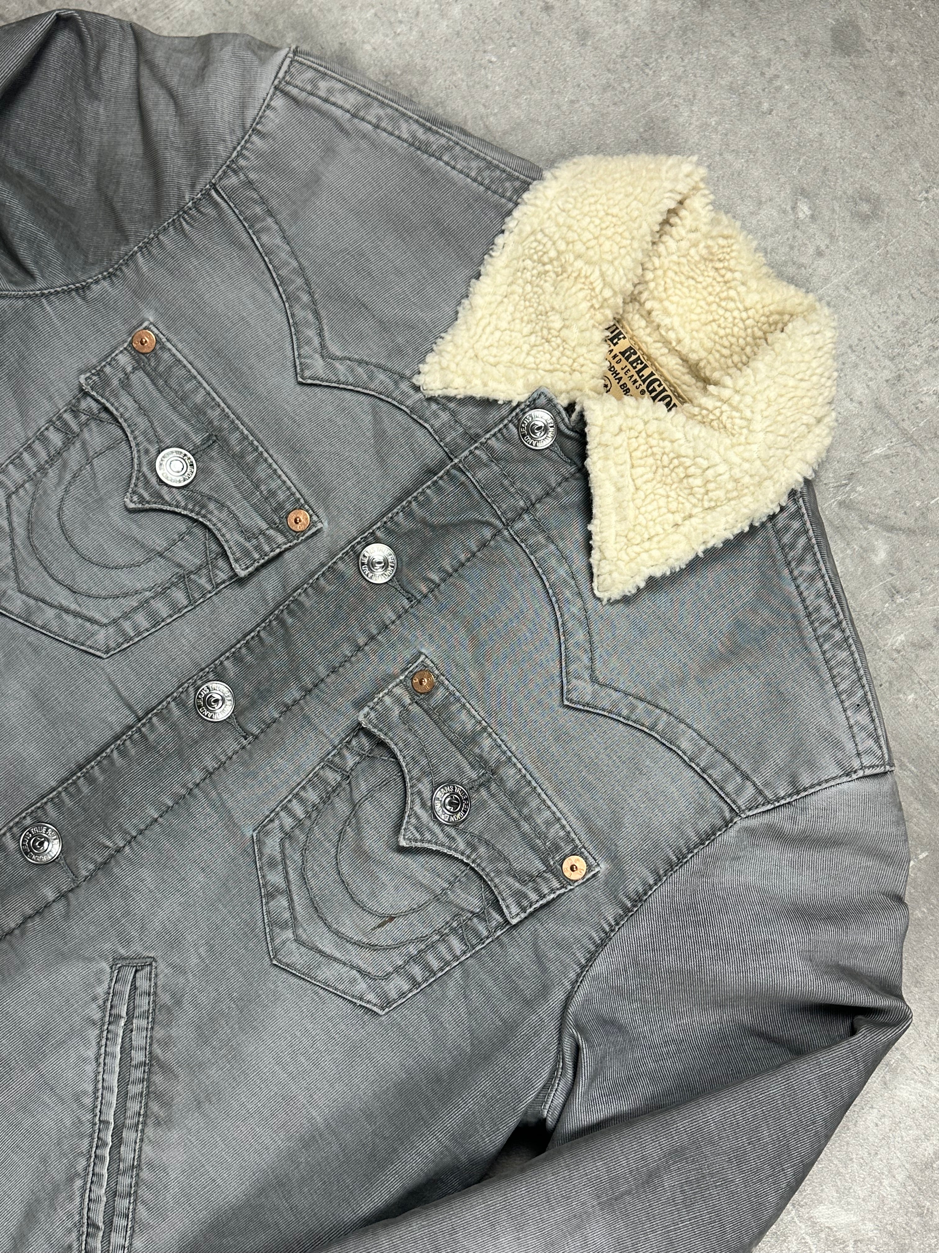 GREY VINTAGE TRUE RELIGION LA CAPONE DENIM JACKET - M
