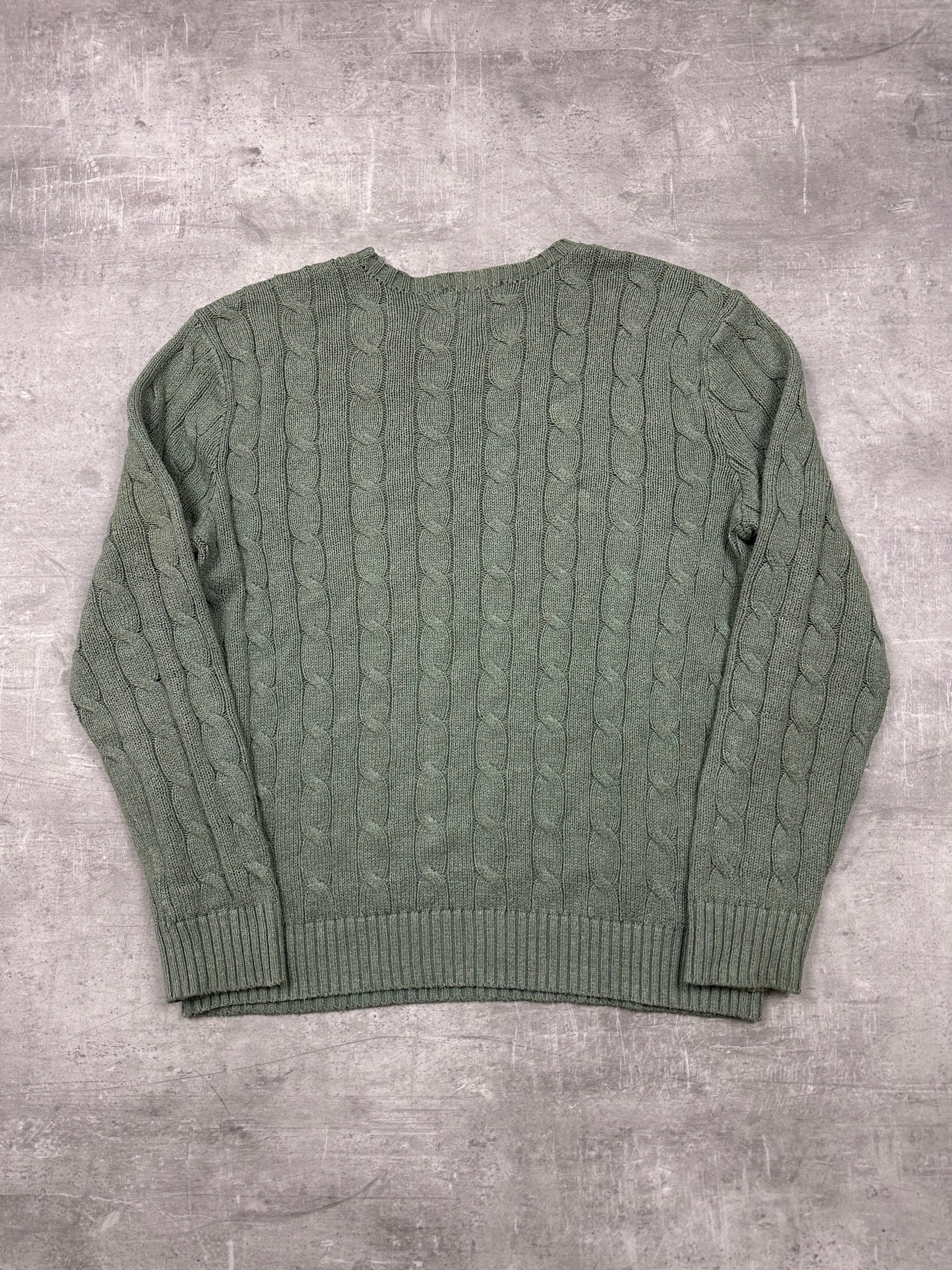 MOSS GREEN POLO RALPH LAUREN CABLE KNIT SWEATER - 2000s - S/M