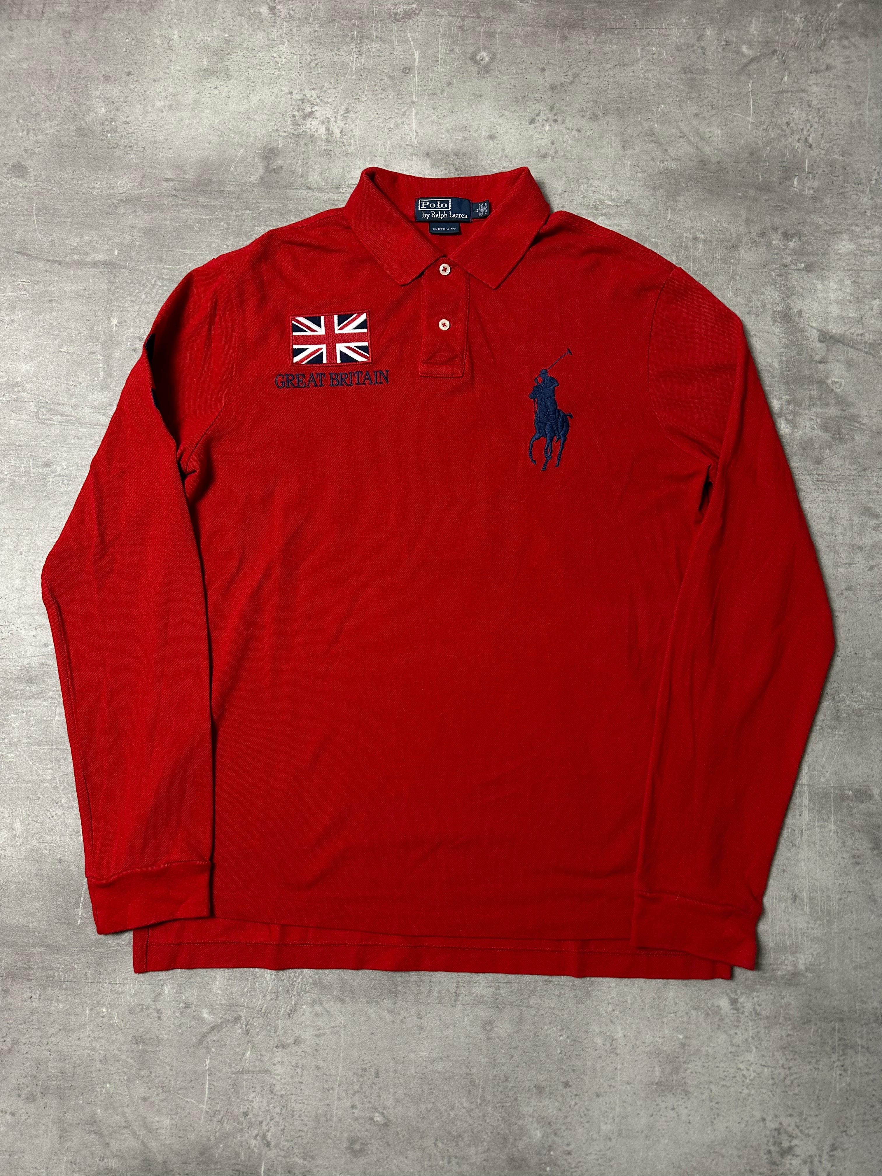 RED/NAVY POLO RALPH LAUREN BIG PONY LONG SLEEVE GREAT BRITAIN - L