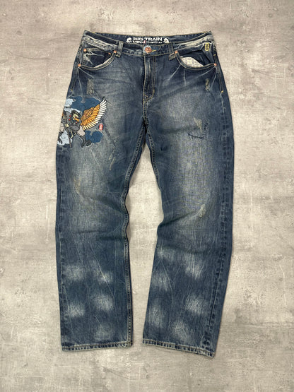 BLUE WASHED VINTAGE Y2K JAPANESE STYLE PRINT DENIM - 2000s - L