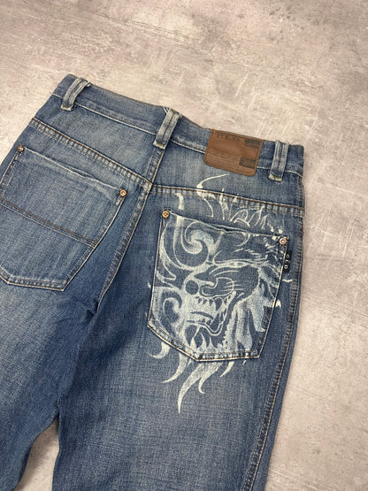 BLUE WASHED VINTAGE Y2K JAPANESE STYLE PRINT DENIM - 2000s - M/L