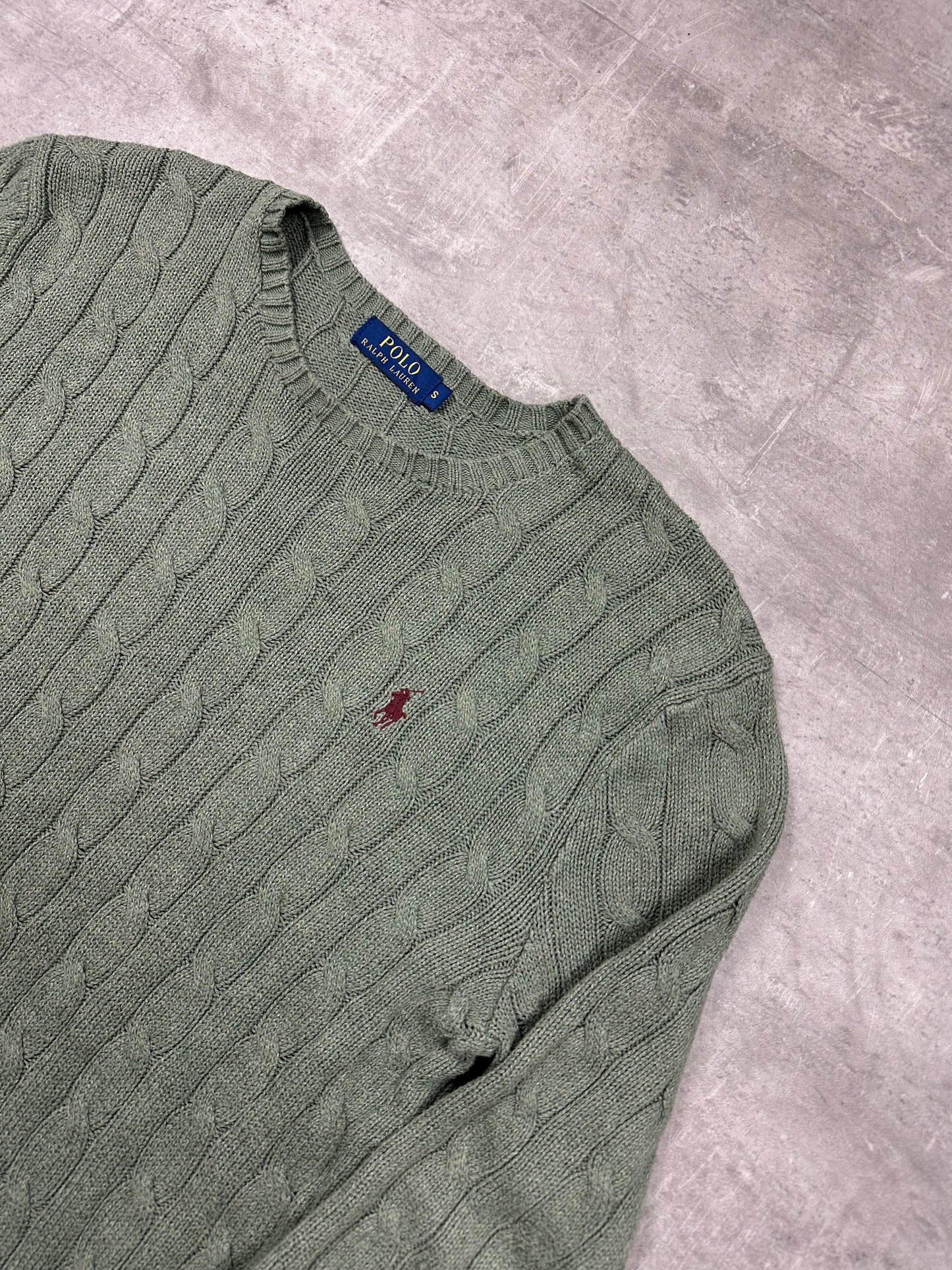 MOOS GREEN POLO RALPH LAUREN CABLE KNIT SWEATER - 2000s - S/M