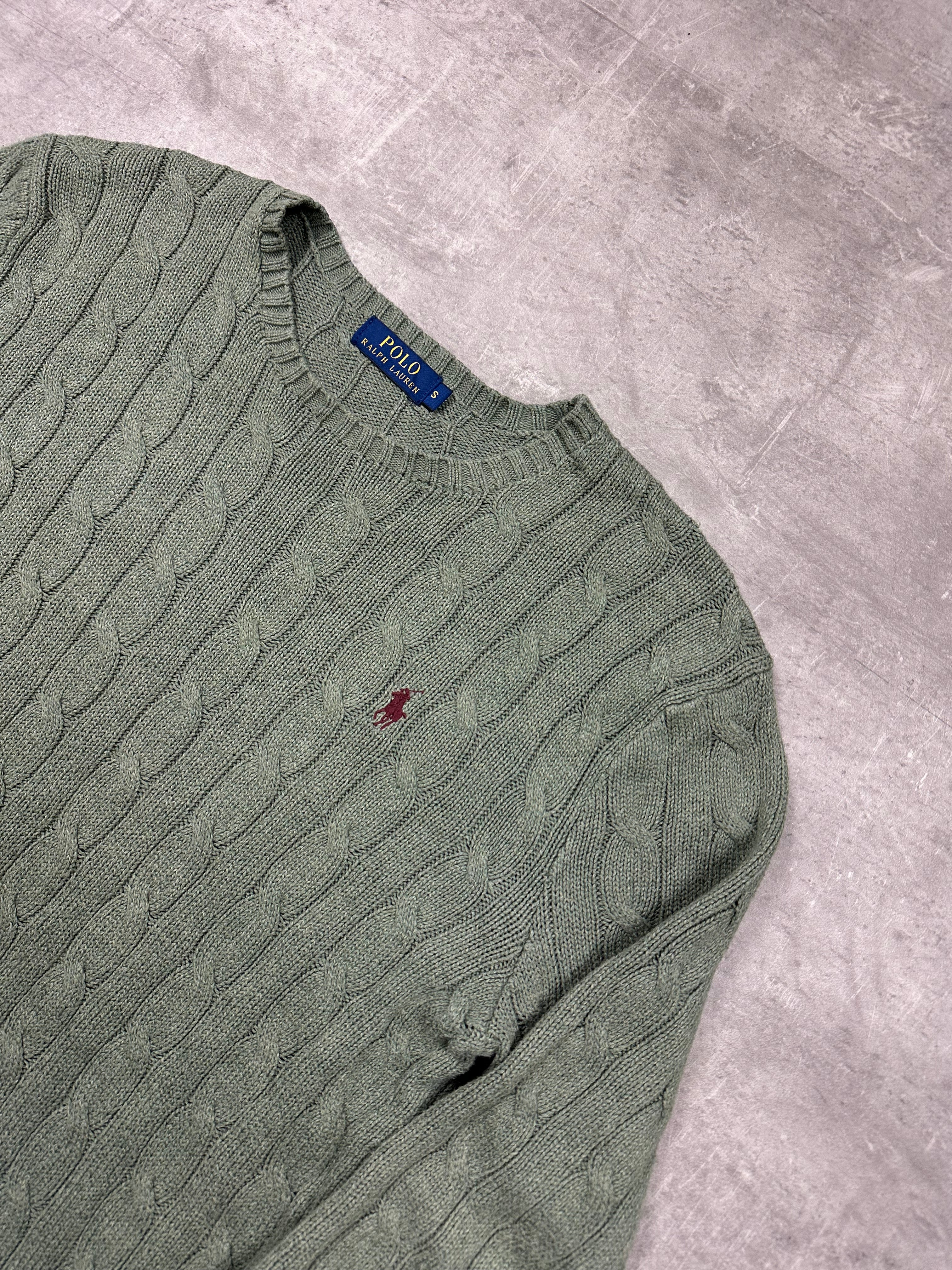 MOSS GREEN POLO RALPH LAUREN CABLE KNIT SWEATER - 2000s - S/M