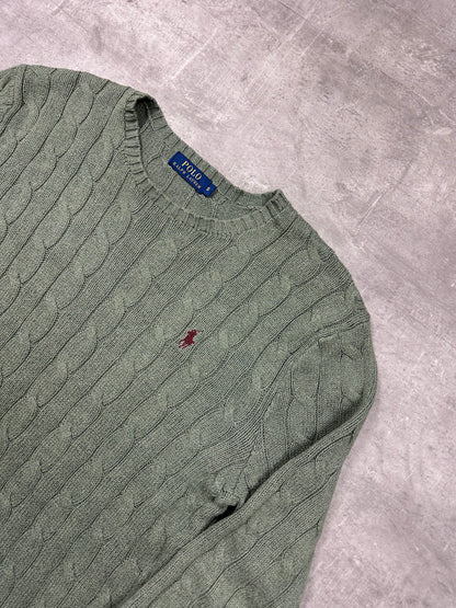 MOOS GREEN POLO RALPH LAUREN CABLE KNIT SWEATER - 2000s - S/M