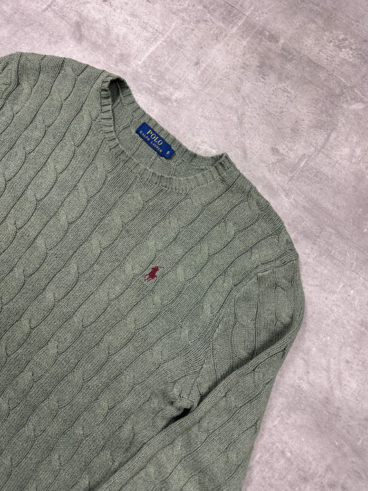 MOOS GREEN POLO RALPH LAUREN CABLE KNIT SWEATER - 2000s - S/M