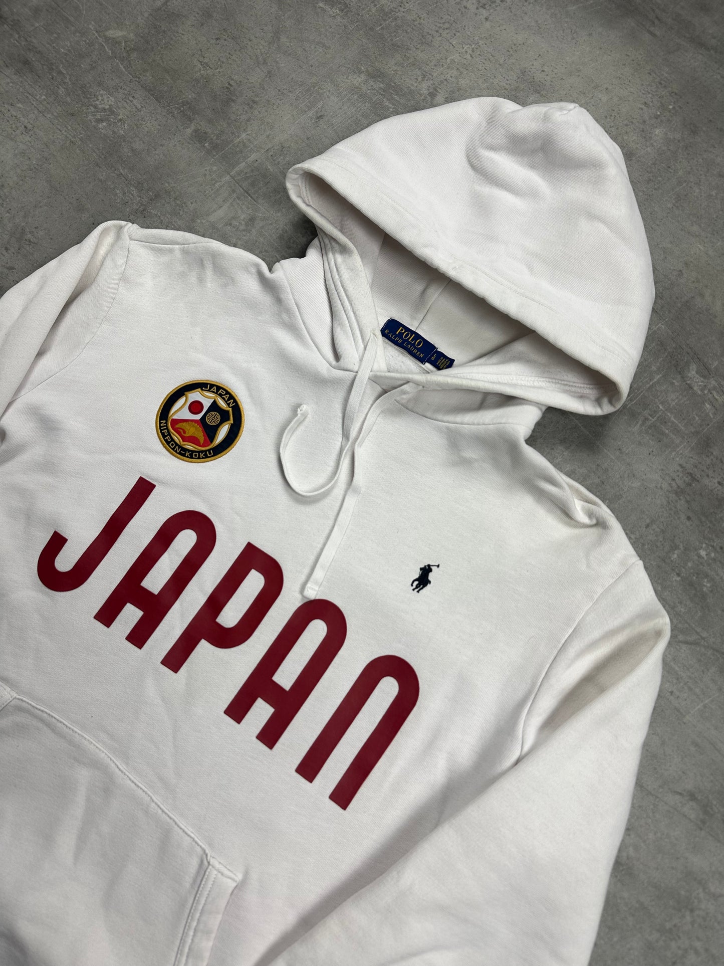 WHITE/RED VINTAGE POLO RALPH LAUREN PONY JAPAN HOODIE RARE - 2000s - L