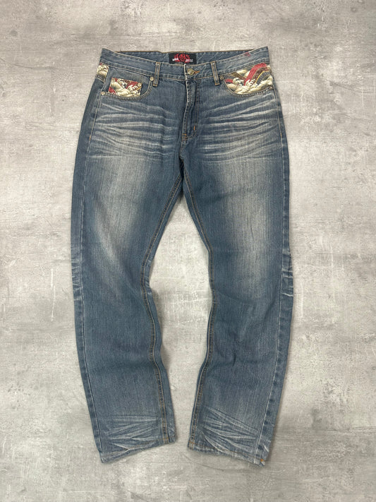 BLUE WASHED VINTAGE Y2K JAPANESE STYLE PRINT DENIM - 2000s - M/L