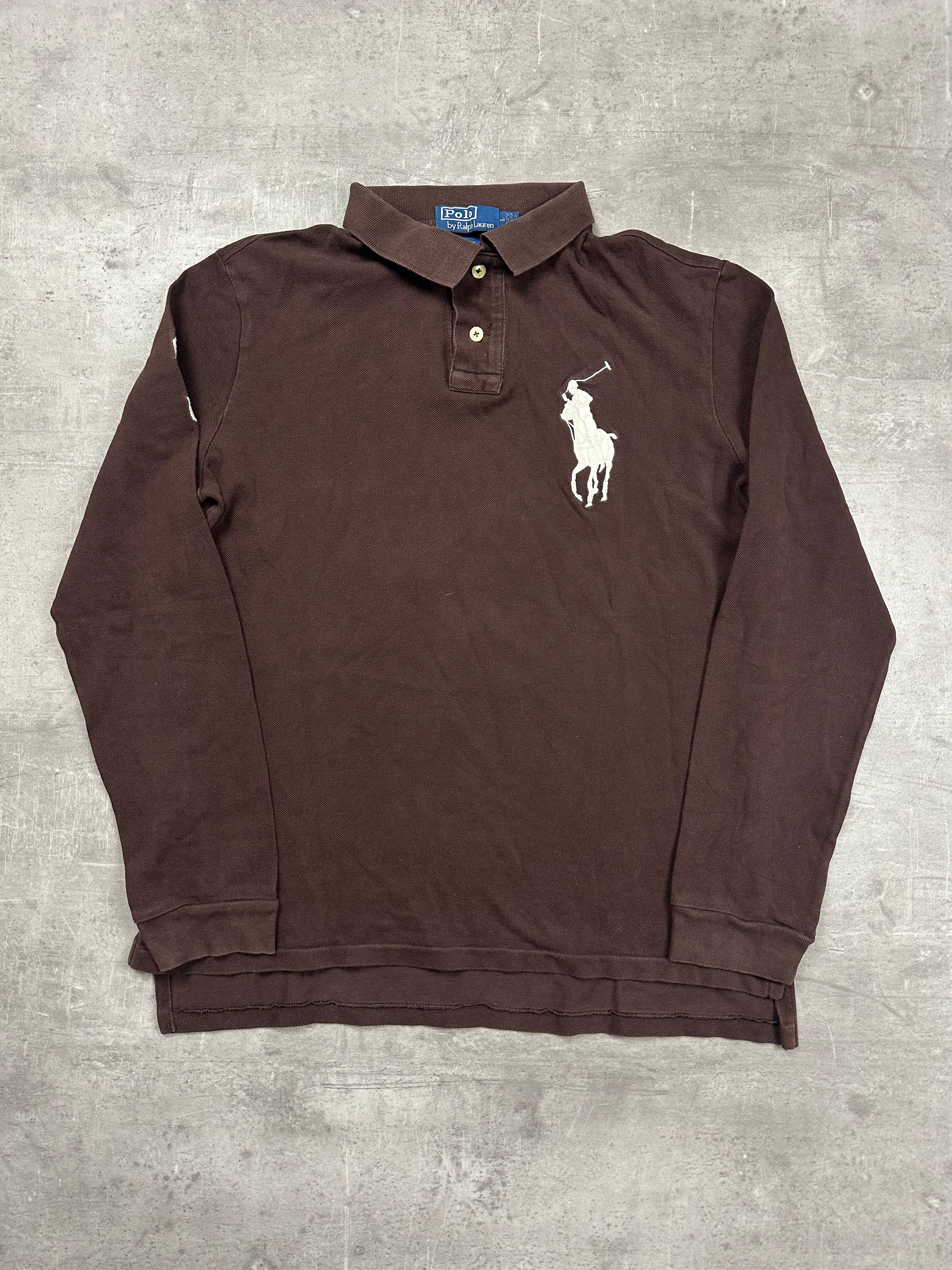 BROWN/WHITE POLO RALPH LAUREN BIG PONY LONG SLEEVE - L