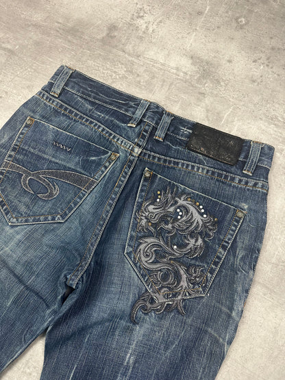 BLUE WASHED VINTAGE Y2K JAPANESE STYLE PRINT DENIM - 2000s - S