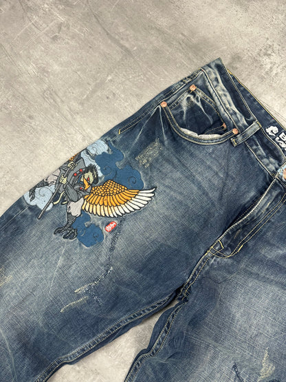 BLUE WASHED VINTAGE Y2K JAPANESE STYLE PRINT DENIM - 2000s - L