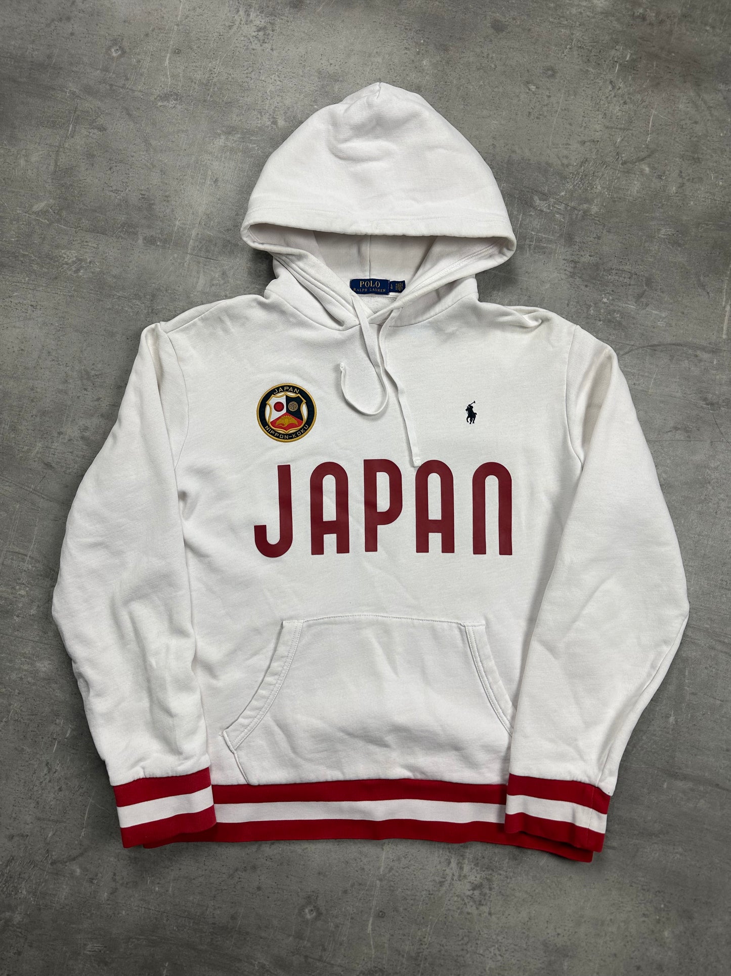 WHITE/RED VINTAGE POLO RALPH LAUREN PONY JAPAN HOODIE RARE - 2000s - L