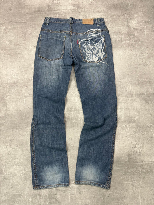 BLUE WASHED VINTAGE Y2K JAPANESE STYLE PRINT DENIM - 2000s - M/L