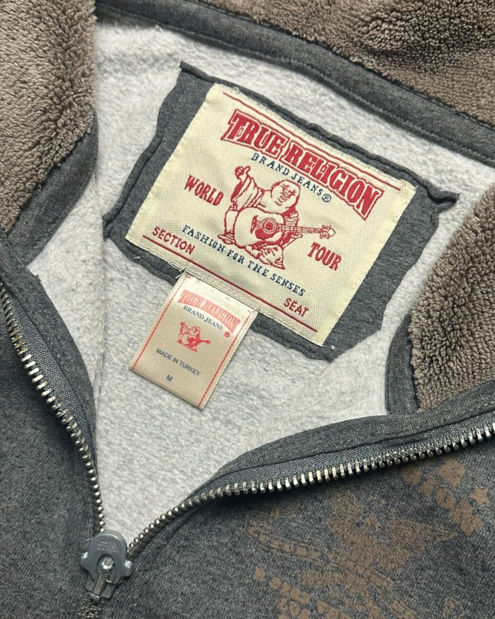 GREY VINTAGE TRUE RELIGION EMBROIDERY USA ZIP HOODIE RARE (W)