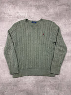 MOSS GREEN POLO RALPH LAUREN CABLE KNIT SWEATER - 2000s - S/M