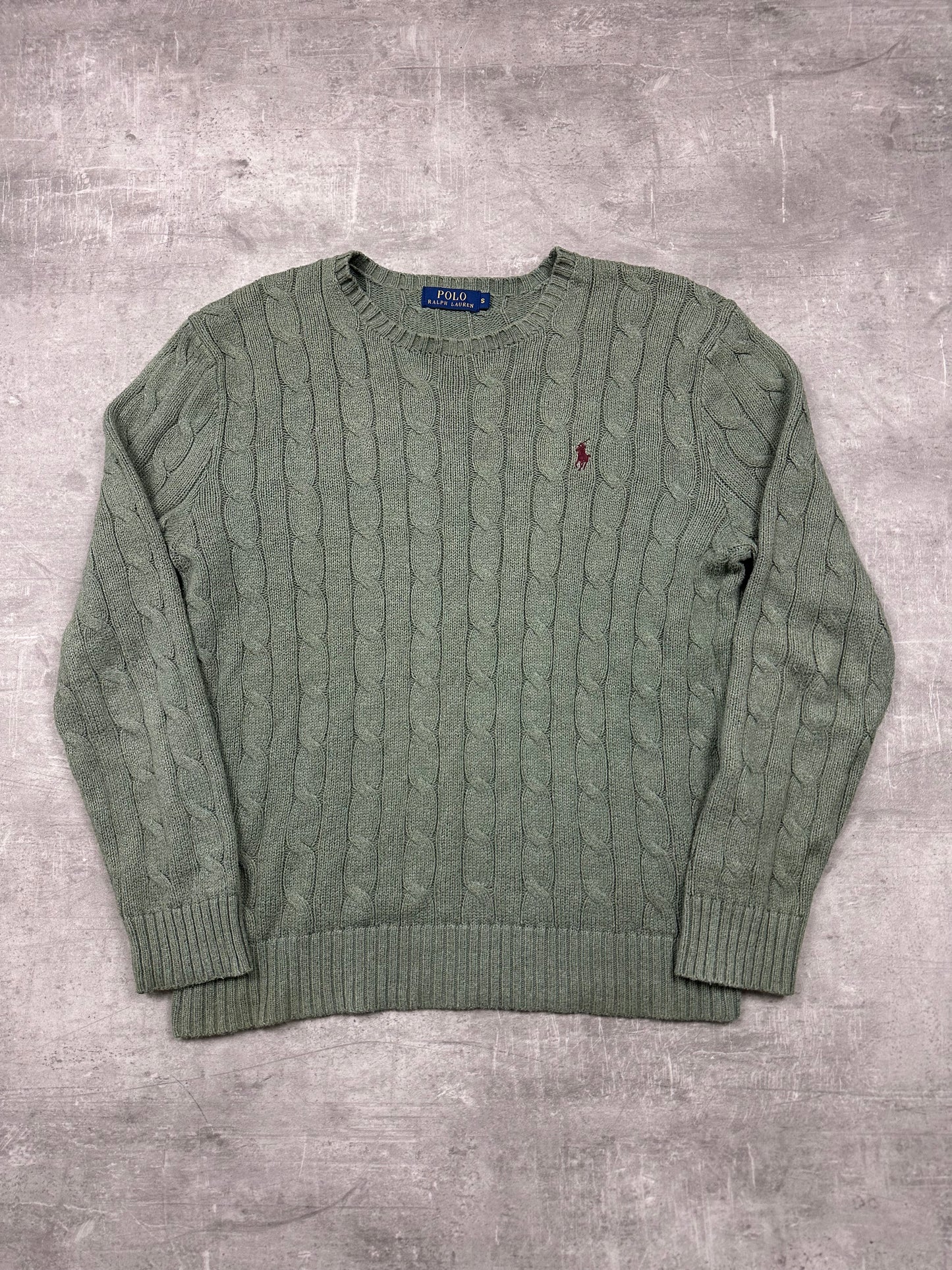 MOOS GREEN POLO RALPH LAUREN CABLE KNIT SWEATER - 2000s - S/M