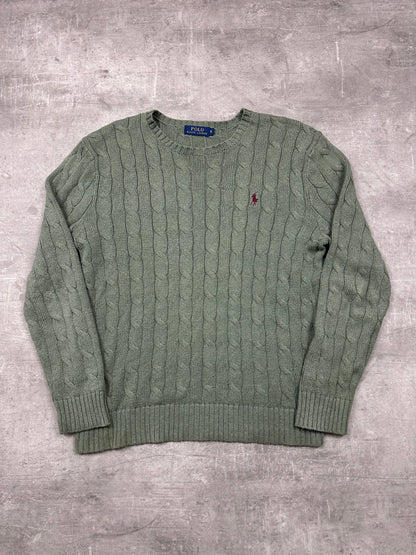 MOOS GREEN POLO RALPH LAUREN CABLE KNIT SWEATER - 2000s - S/M