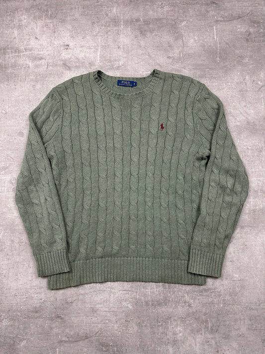 MOOS GREEN POLO RALPH LAUREN CABLE KNIT SWEATER - 2000s - S/M