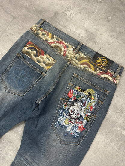BLUE WASHED VINTAGE Y2K JAPANESE STYLE PRINT DENIM - 2000s - M/L