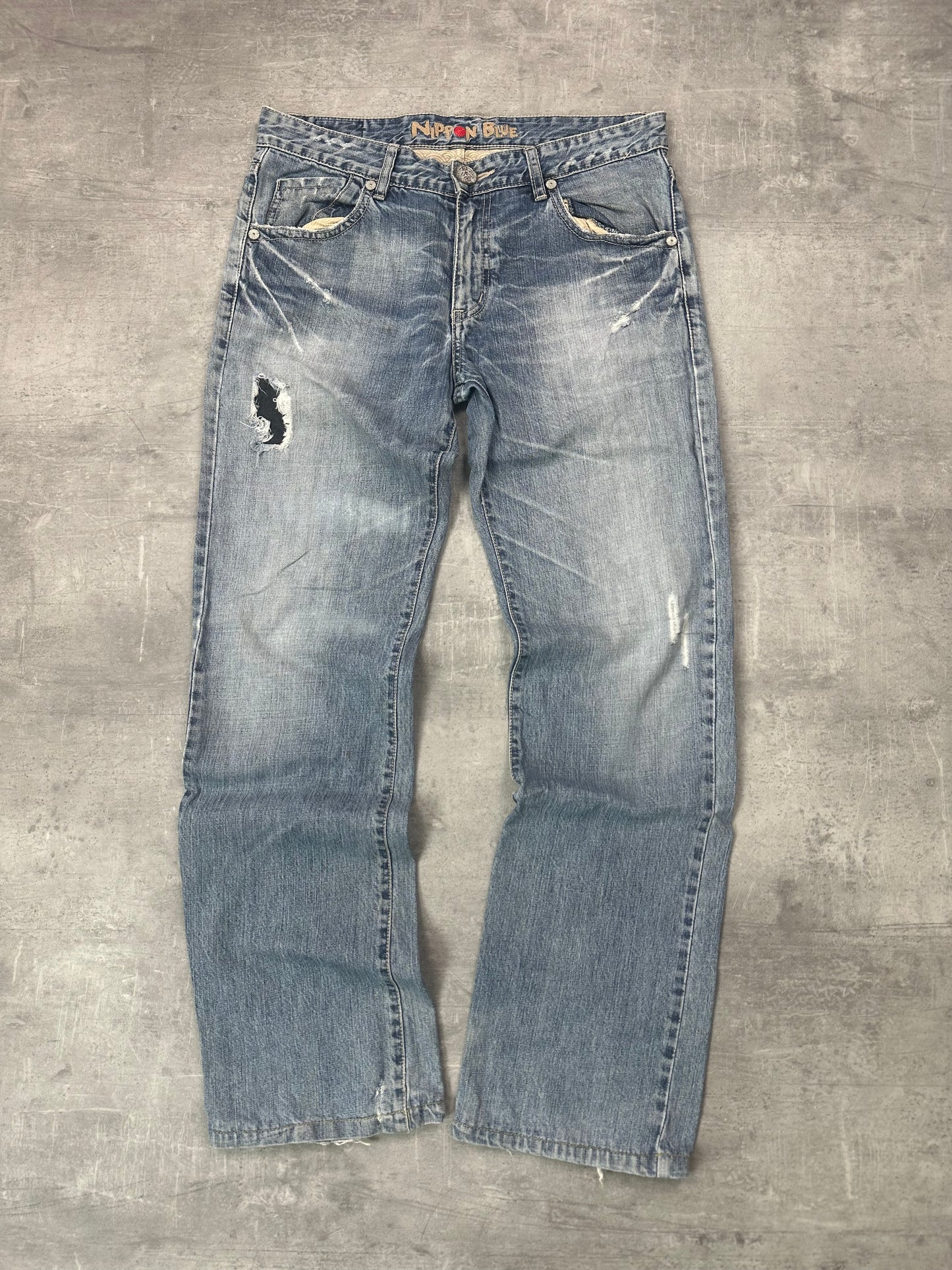 BLUE WASHED VINTAGE Y2K JAPANESE STYLE PRINT DENIM - 2000s - M/L