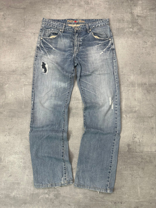 BLUE WASHED VINTAGE Y2K JAPANESE STYLE PRINT DENIM - 2000s - M/L