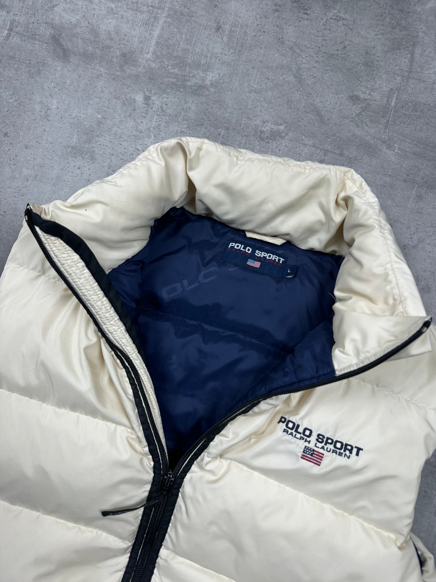 CREME/NAVY POLO SPORT DOWN PUFFER VEST - 2000s - M/L