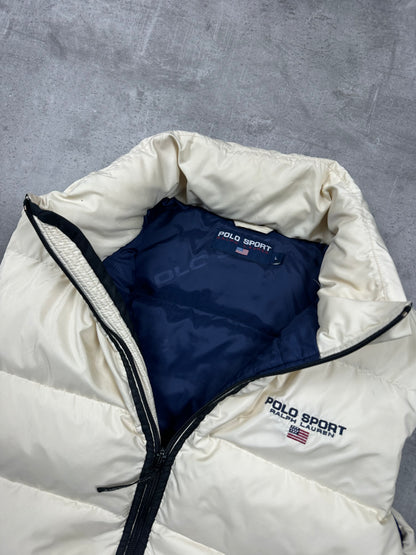 CREME/NAVY POLO SPORT DOWN PUFFER VEST - 2000s - M/L