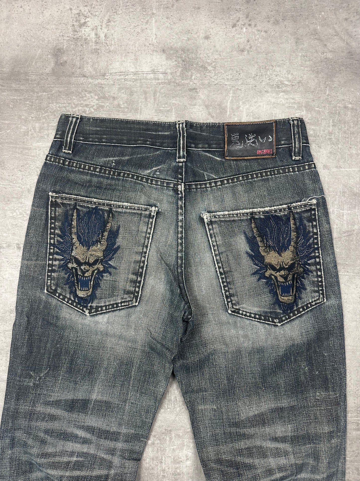 GREY WASHED VINTAGE Y2K JAPANESE STYLE PRINT DENIM - 2000s - M/L