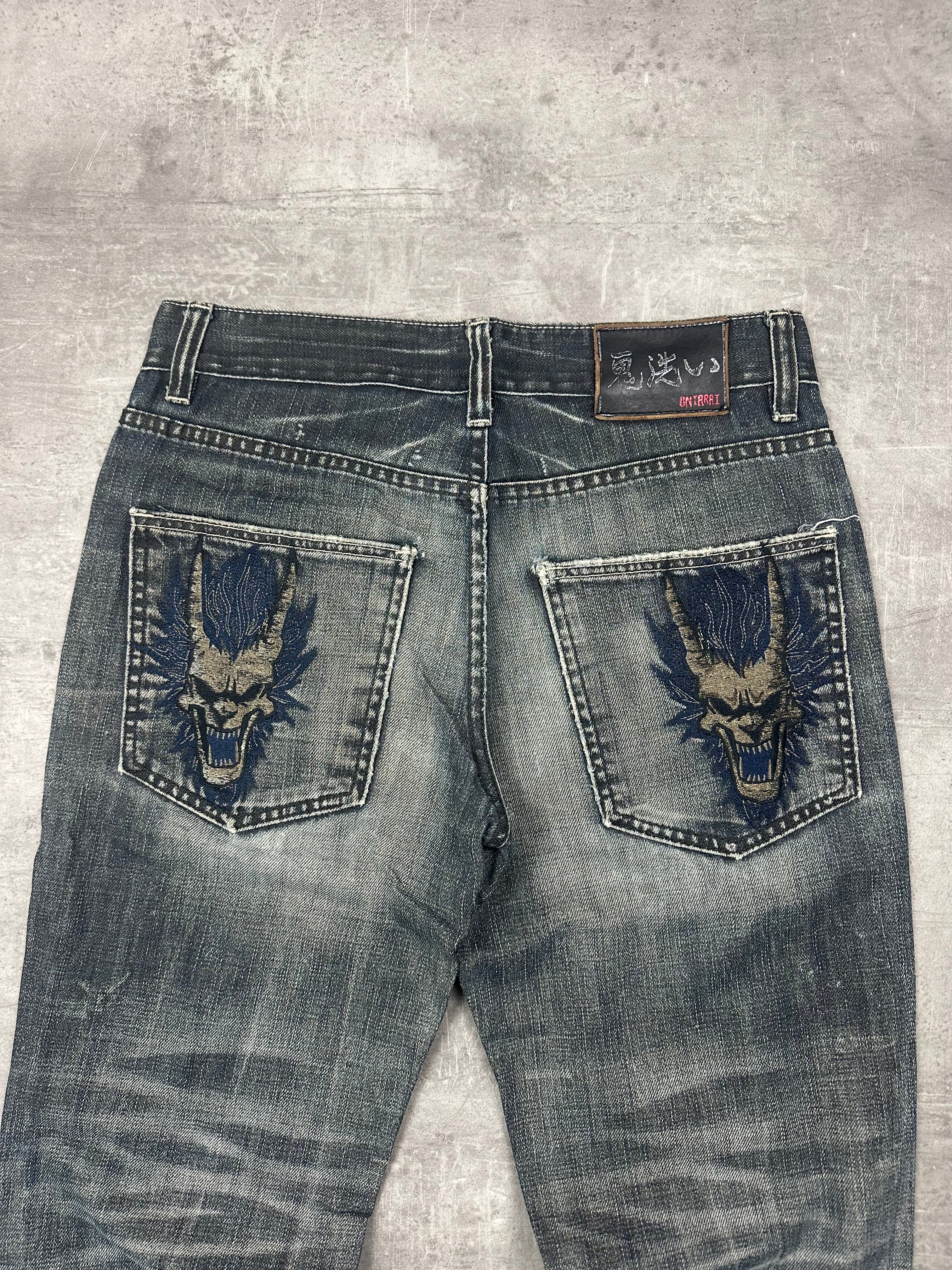 GREY WASHED VINTAGE Y2K JAPANESE STYLE PRINT DENIM - 2000s - M/L