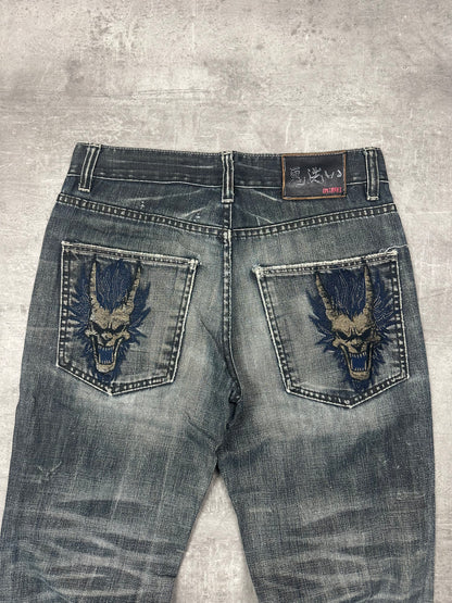 GREY WASHED VINTAGE Y2K JAPANESE STYLE PRINT DENIM - 2000s - M/L