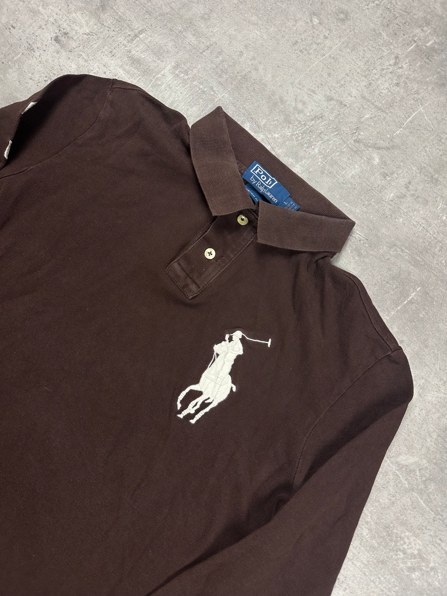 BROWN/WHITE POLO RALPH LAUREN BIG PONY LONGSLEEVE - L