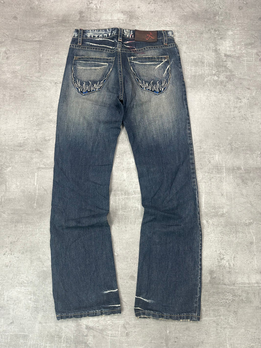 BLUE WASHED VINTAGE Y2K JAPANESE STYLE PRINT DENIM - 2000s - M/L