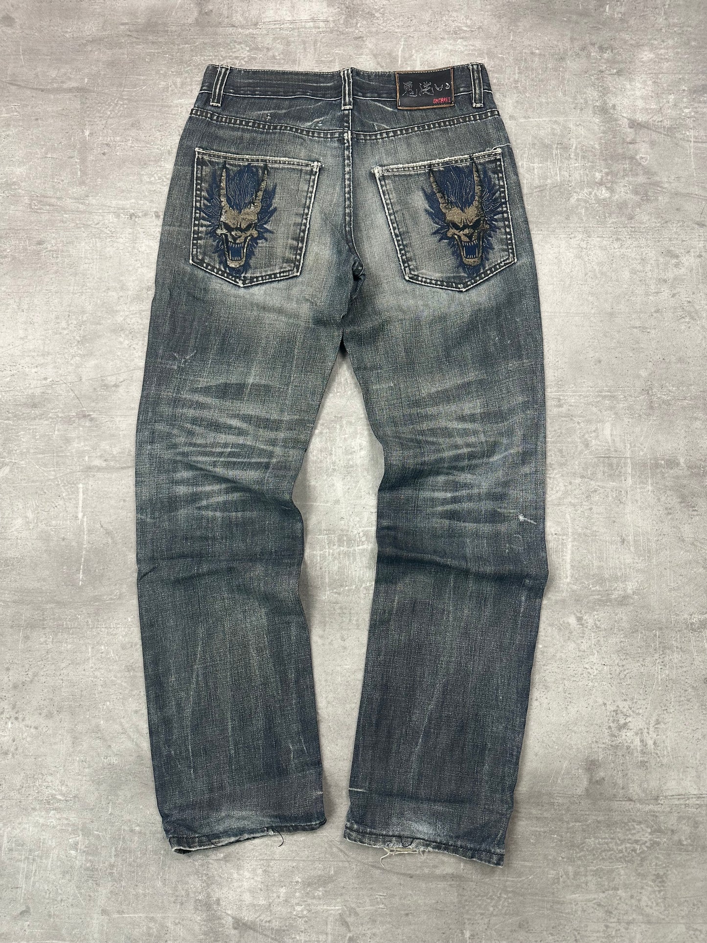 GREY WASHED VINTAGE Y2K JAPANESE STYLE PRINT DENIM - 2000s - M/L