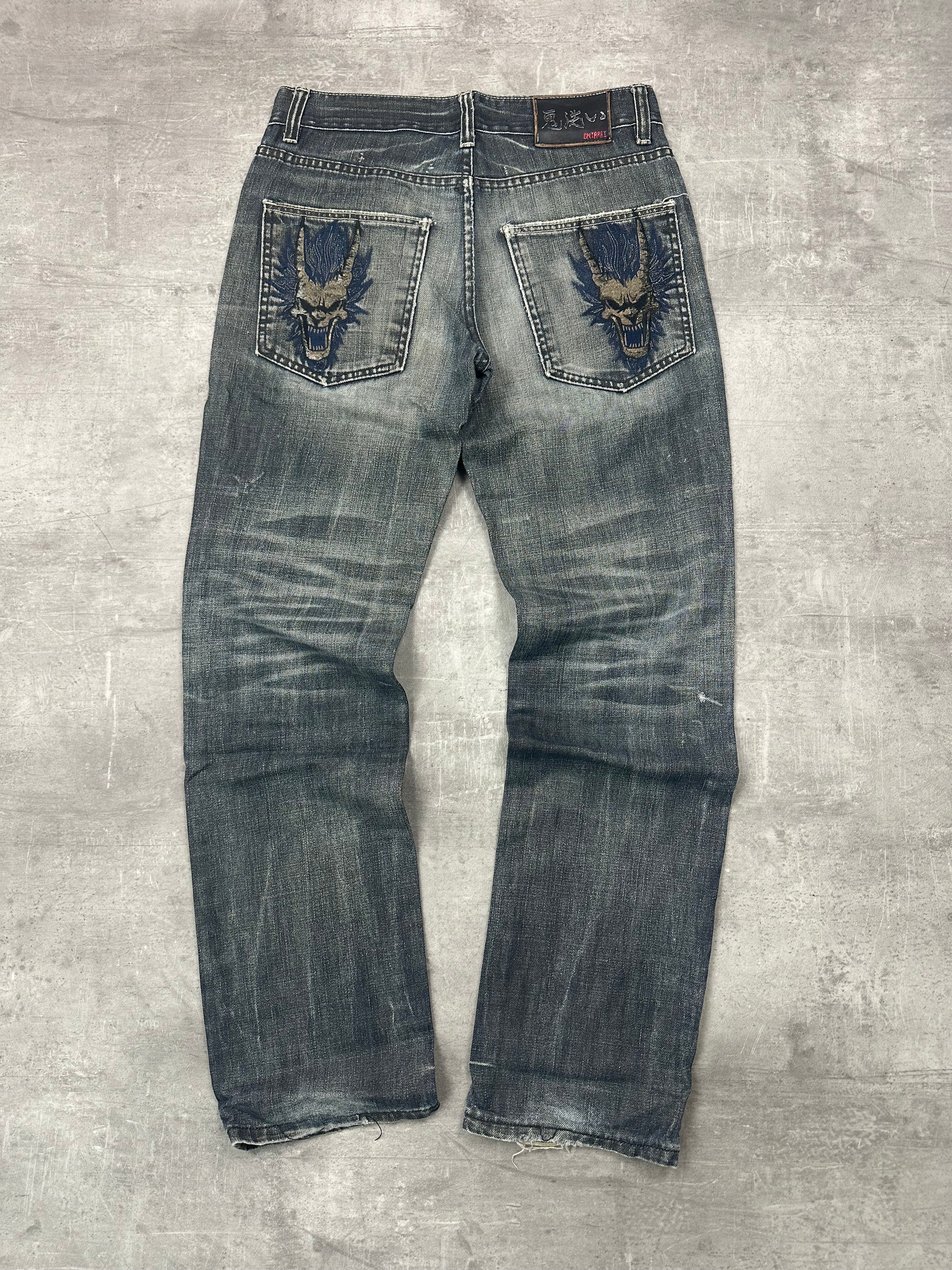 GREY WASHED VINTAGE Y2K JAPANESE STYLE PRINT DENIM - 2000s - M/L