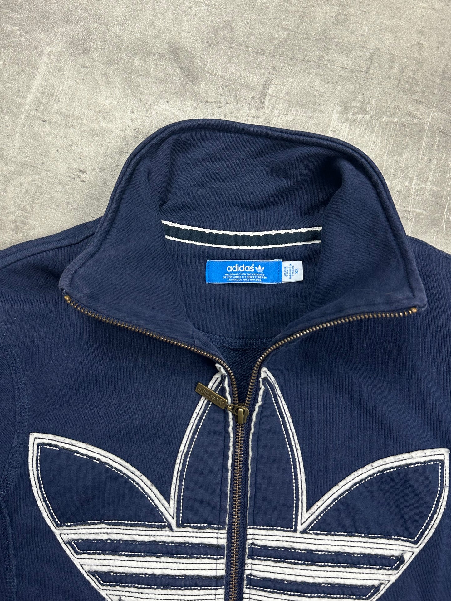 NAVY/WHITE VINTAGE ADIDAS FIREBIRD ZIP HOODIE - 2000s - XS
