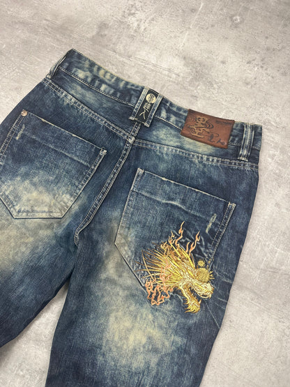 BLUE WASHED VINTAGE Y2K JAPANESE STYLE PRINT DENIM - 2000s - M/L