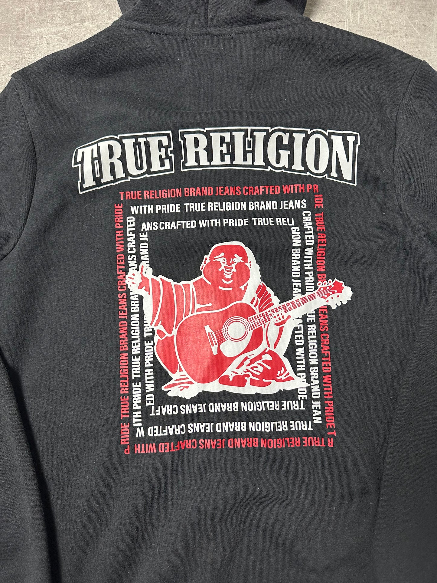 BLACK/RED VINTAGE TRUE RELIGION ZIP HOODIE - S/M