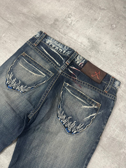 BLUE WASHED VINTAGE Y2K JAPANESE STYLE PRINT DENIM - 2000s - M/L