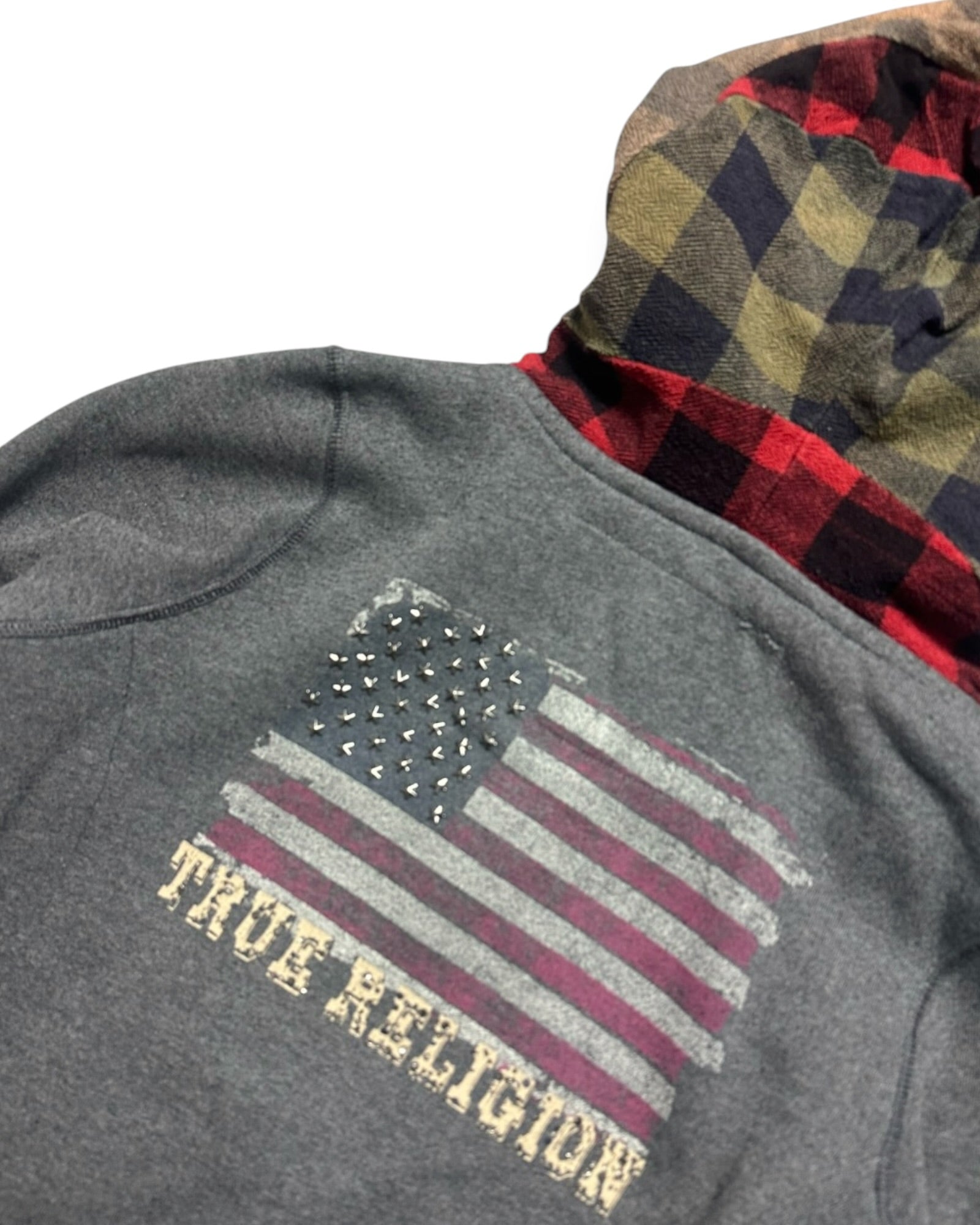 GREY VINTAGE TRUE RELIGION EMBROIDERY USA ZIP HOODIE RARE (W)