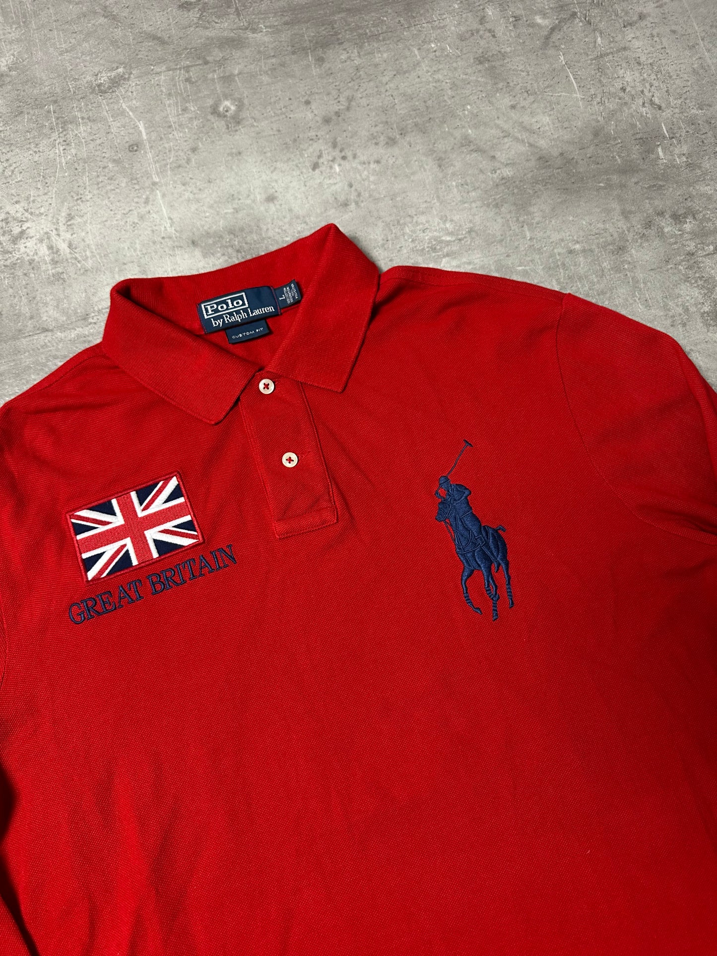 RED/NAVY POLO RALPH LAUREN BIG PONY LONGSLEEVE GREAT BRITAIN - L