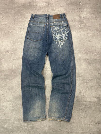 BLUE WASHED VINTAGE Y2K JAPANESE STYLE PRINT DENIM - 2000s - M/L