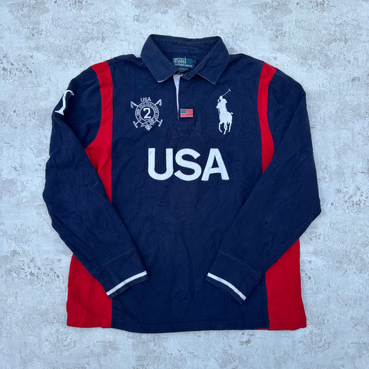 BLUE/RED POLO RALPH LAUREN BIG PONY USA LONGSLEEVE - L/XL