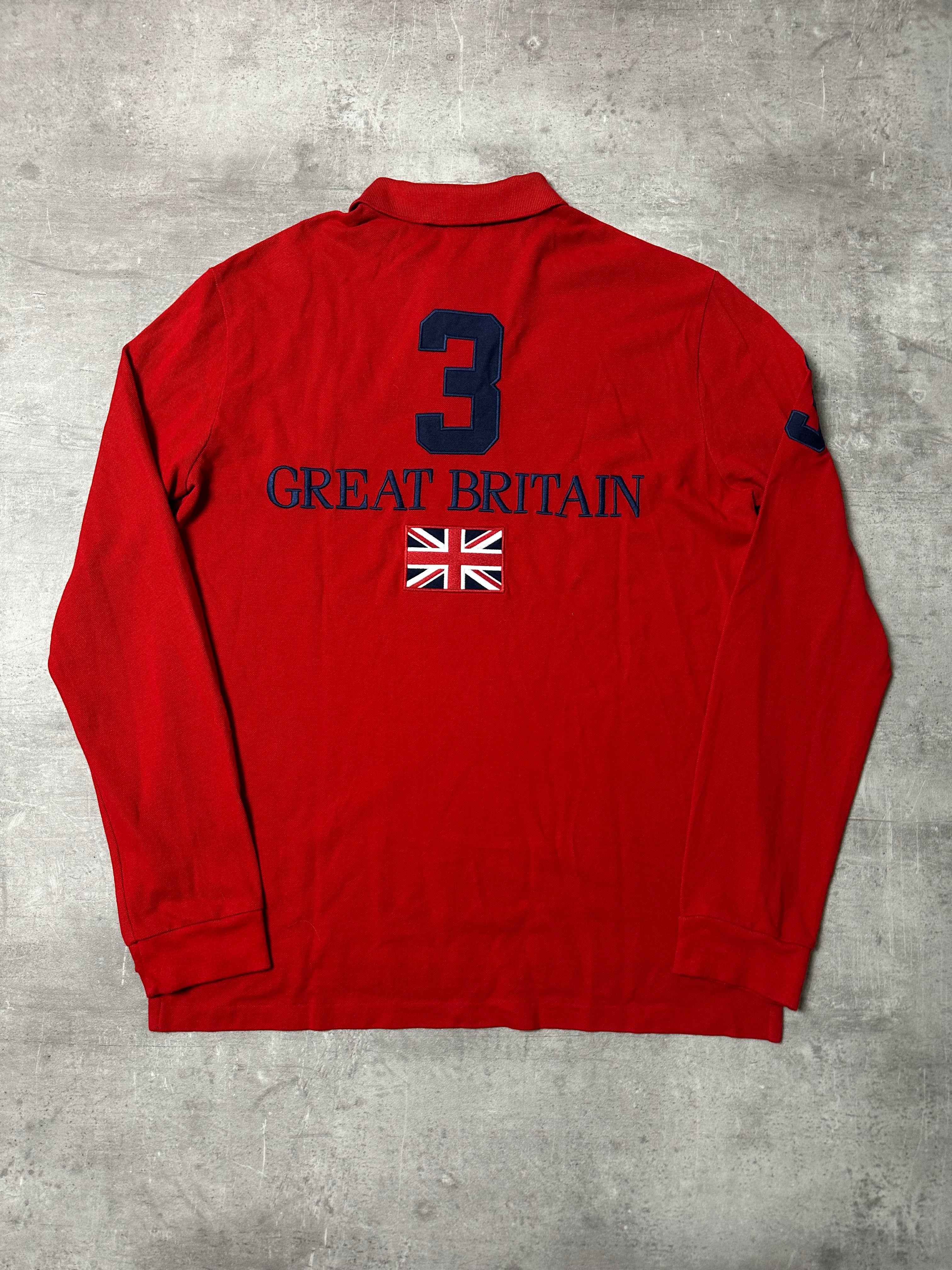 RED/NAVY POLO RALPH LAUREN BIG PONY LONG SLEEVE GREAT BRITAIN - L