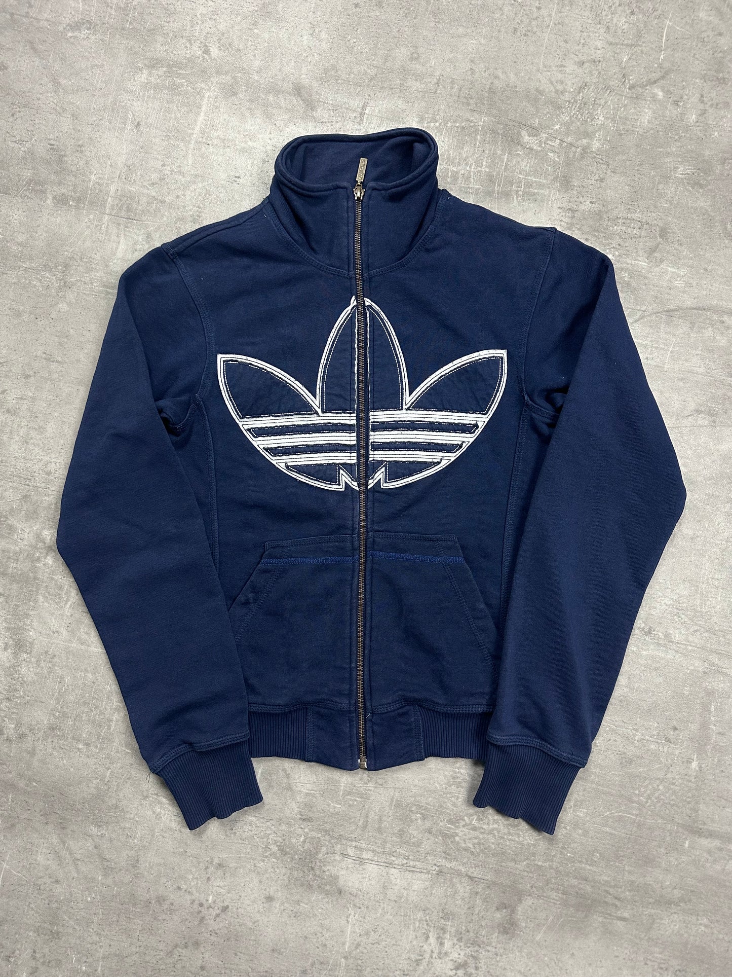 NAVY/WHITE VINTAGE ADIDAS FIREBIRD ZIP HOODIE - 2000s - XS