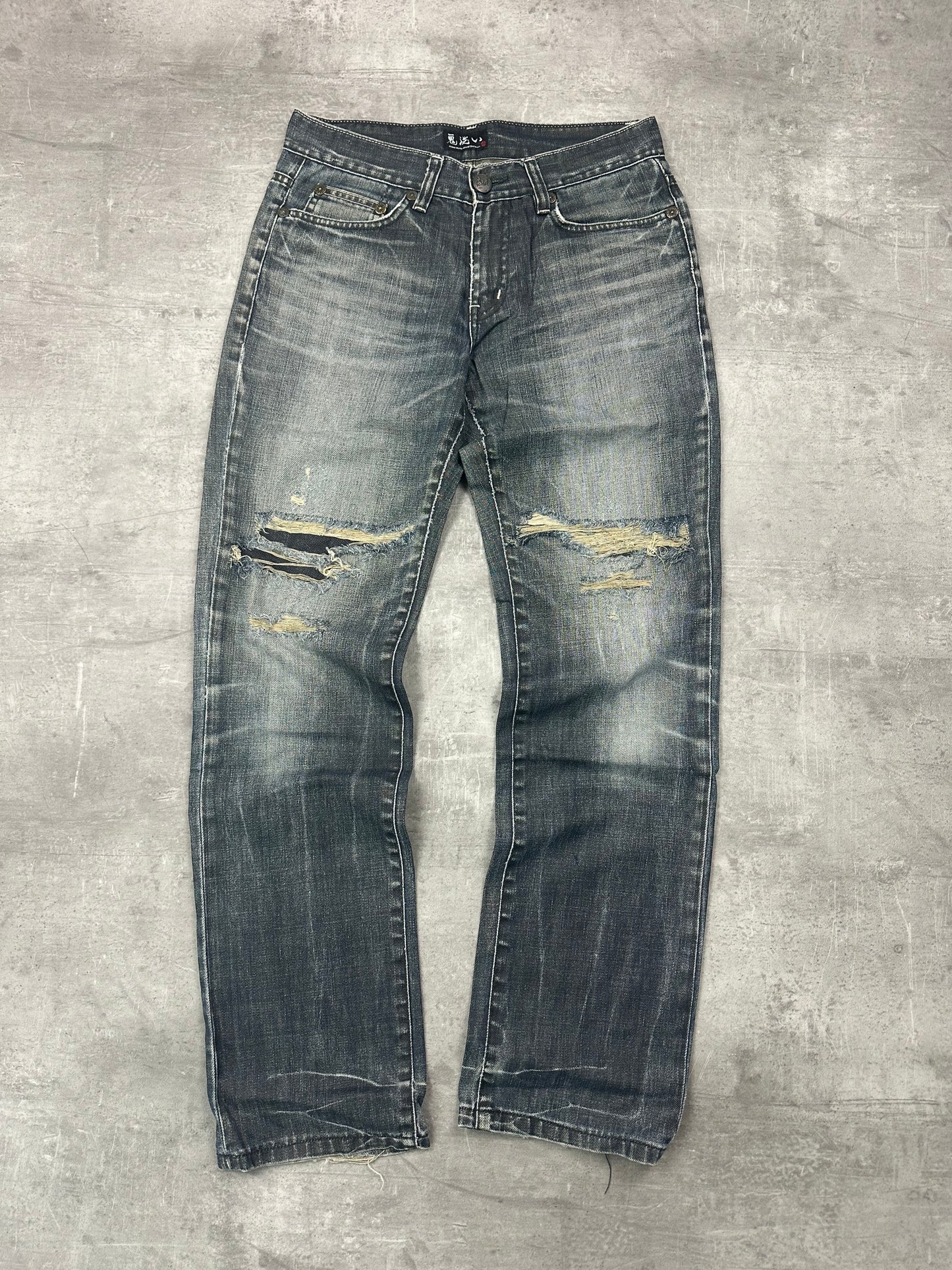 GREY WASHED VINTAGE Y2K JAPANESE STYLE PRINT DENIM - 2000s - M/L